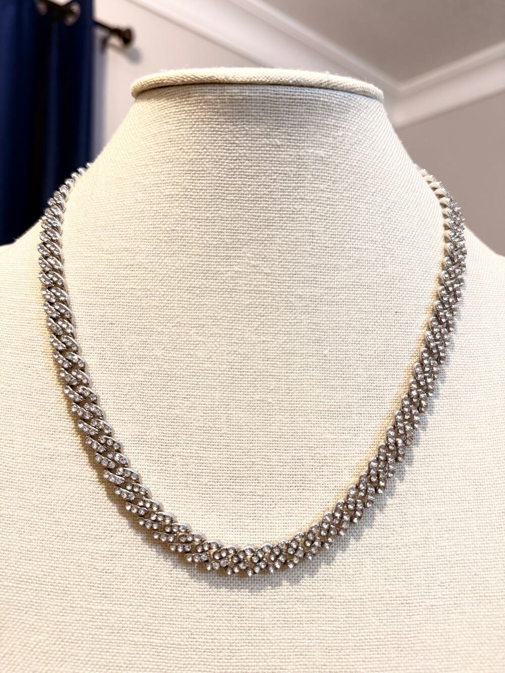 Silver Tone Pave Rhinestone Cuban Link Necklace 18”